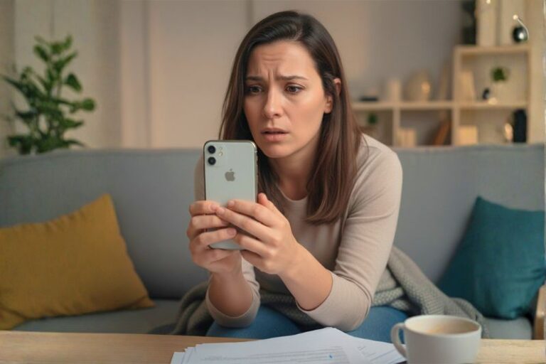 Mujer preocupada con celular en la mano