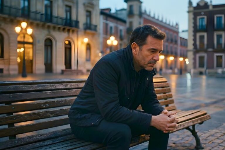 Hombre sentado en una banca. Imagen con Inteligencia Artificial